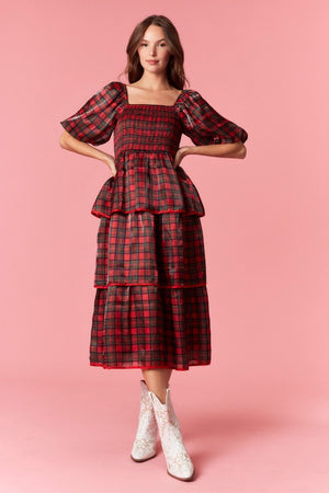 PEACH LOVE Women's Dresses Christmas Plaid Silky Organza Tiered Midi Dress