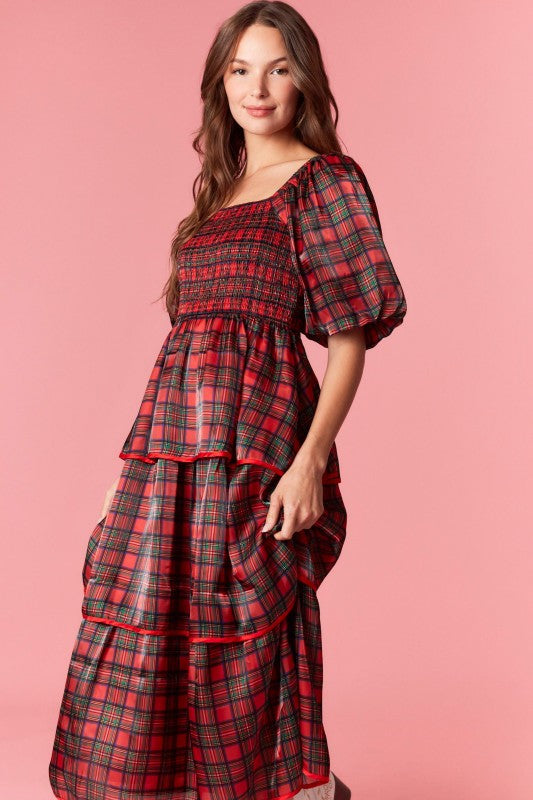 PEACH LOVE Women's Dresses Christmas Plaid Silky Organza Tiered Midi Dress