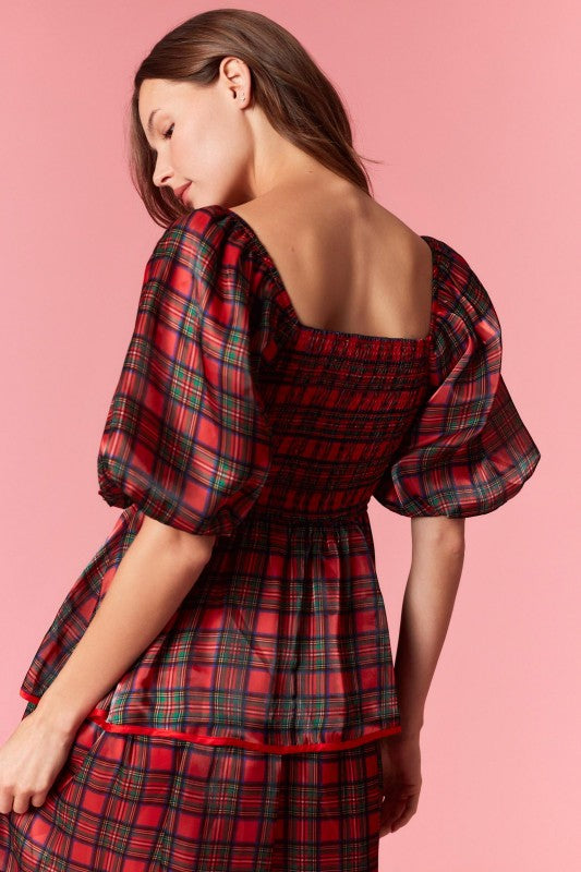 PEACH LOVE Women's Dresses Christmas Plaid Silky Organza Tiered Midi Dress