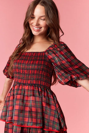 PEACH LOVE Women's Dresses Christmas Plaid Silky Organza Tiered Midi Dress