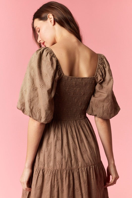 PEACH LOVE Women's Dresses Ditsy Eyelet Smocked Bow Front Bubble Sleeve Dress