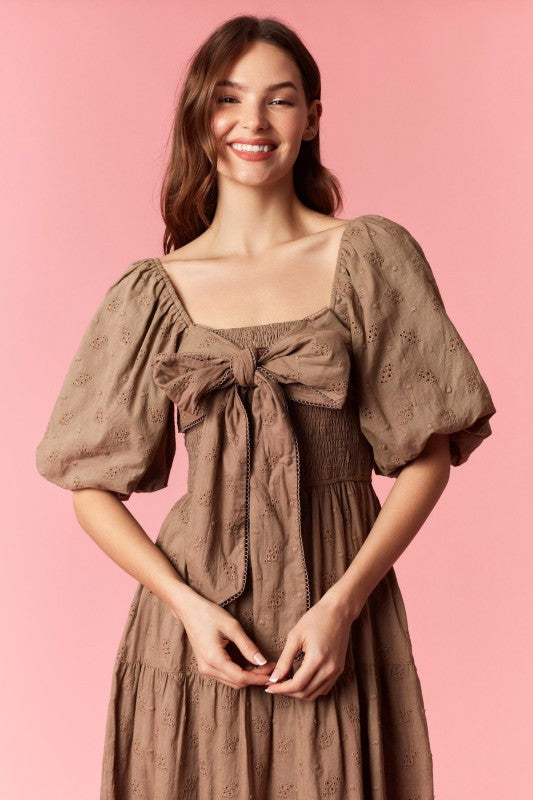 PEACH LOVE Women's Dresses Ditsy Eyelet Smocked Bow Front Bubble Sleeve Dress