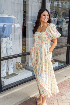 PEACH LOVE Women's Dresses Floral Stripe Mix Bubble Sleeve Smocked Maxi Dress