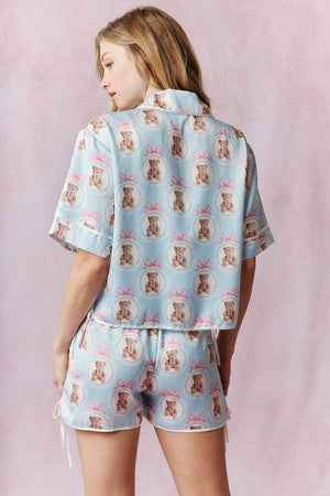 PEACH LOVE Women's Dresses Printed Contrast Tie Detail Satin Pajama Set || David's Clothing
