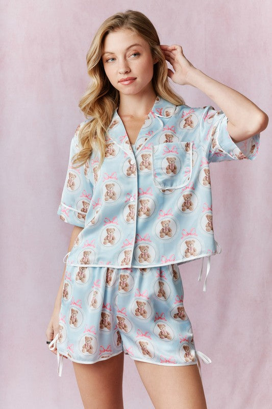 PEACH LOVE Women's Dresses Printed Contrast Tie Detail Satin Pajama Set || David's Clothing