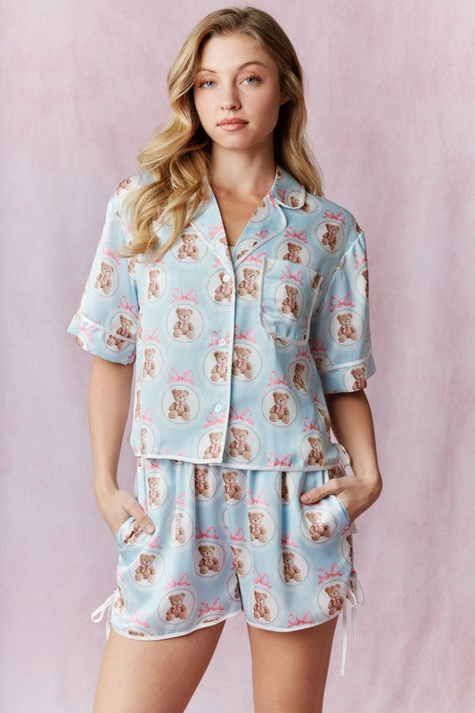 PEACH LOVE Women's Dresses Printed Contrast Tie Detail Satin Pajama Set || David's Clothing