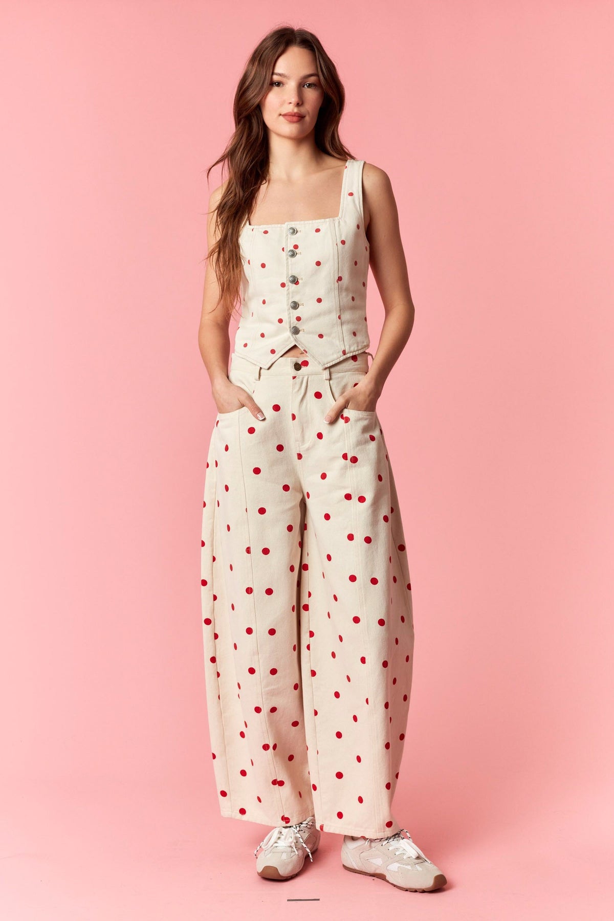 PEACH LOVE Women's Jeans Polka Dot Printed Wide Denim Pants