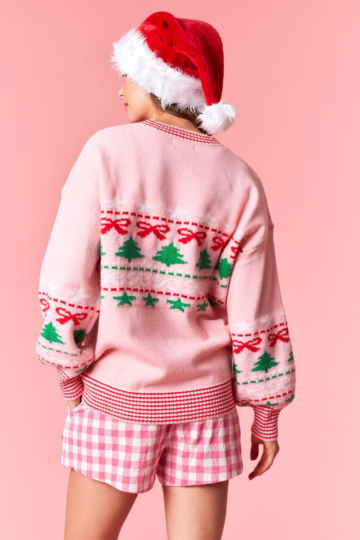 PEACH LOVE Women's Sweaters Christmas Tree & Bow Prints Multi Color Rib Sweater