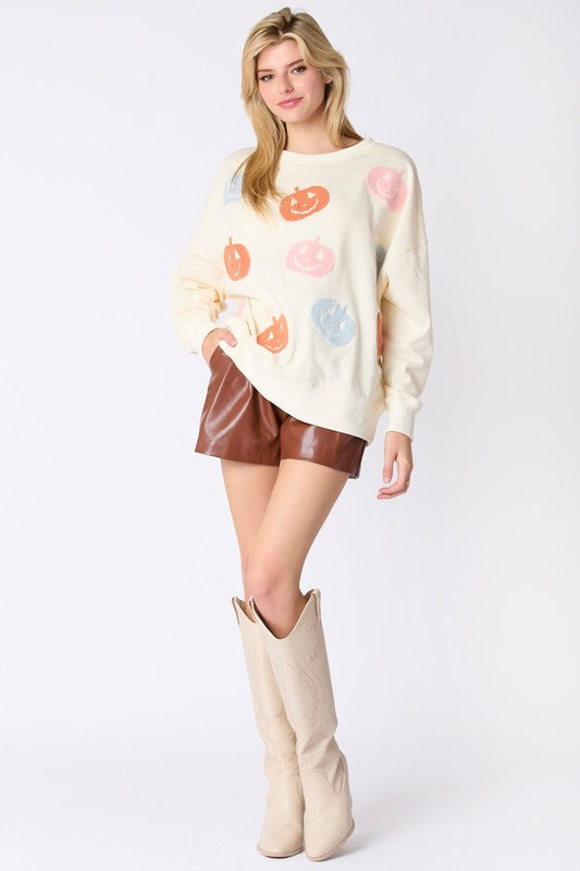 PEACH LOVE Women's Sweatshirt Halloween Pumpkin Towel Embroidery Sweatshirt