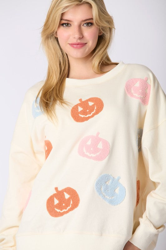 PEACH LOVE Women's Sweatshirt Halloween Pumpkin Towel Embroidery Sweatshirt