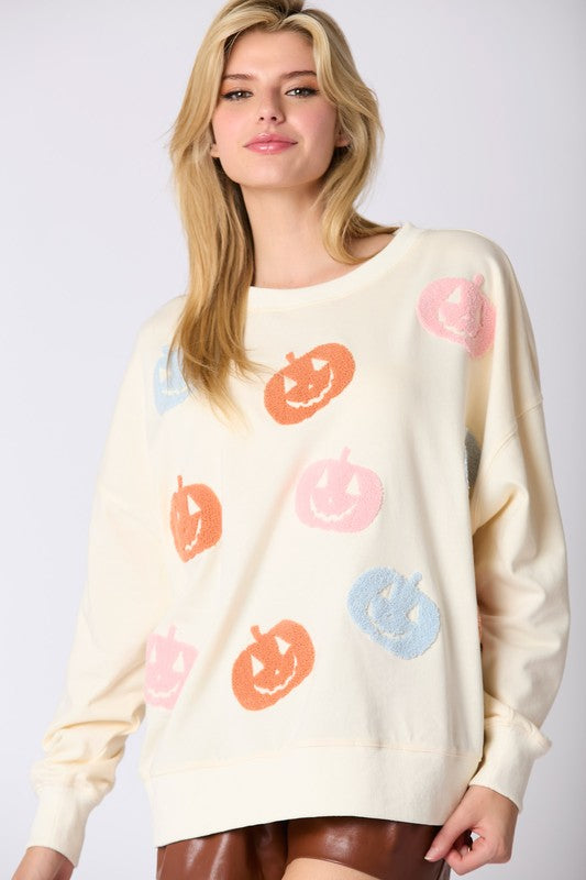 PEACH LOVE Women's Sweatshirt Halloween Pumpkin Towel Embroidery Sweatshirt