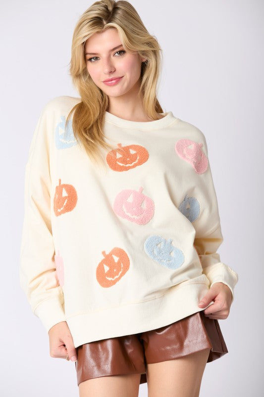 PEACH LOVE Women's Sweatshirt Halloween Pumpkin Towel Embroidery Sweatshirt