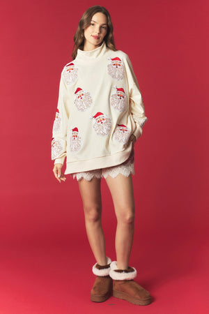 PEACH LOVE Women's Sweatshirt Santa Sherppa And Sequins Mock Neck Sweatshirt