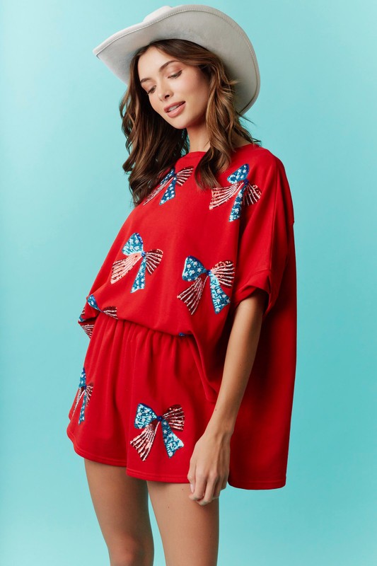 PEACH LOVE Women's Top American Bow Sequin Embroidery Detail Lose Fit T-Shirt || David's Clothing