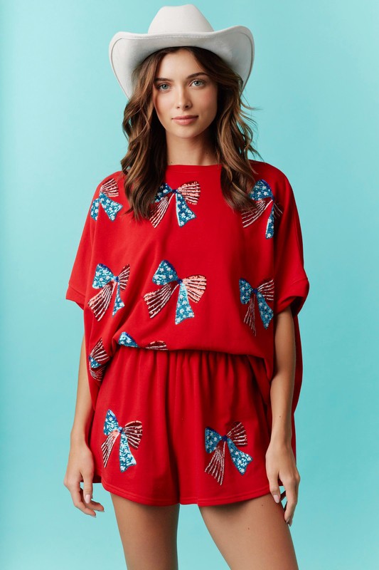 PEACH LOVE Women's Top American Bow Sequin Embroidery Detail Lose Fit T-Shirt || David's Clothing