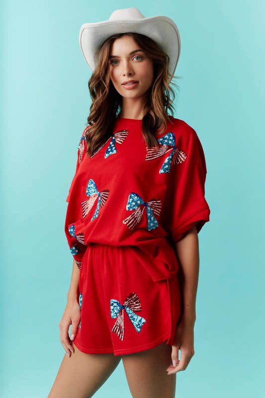 PEACH LOVE Women's Top American Bow Sequin Embroidery Detail Lose Fit T-Shirt || David's Clothing