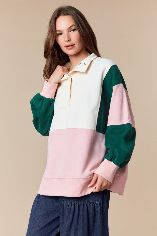 PEACH LOVE Women's Top Color Block Semi Pullover Anorak Sweatshirt Top
