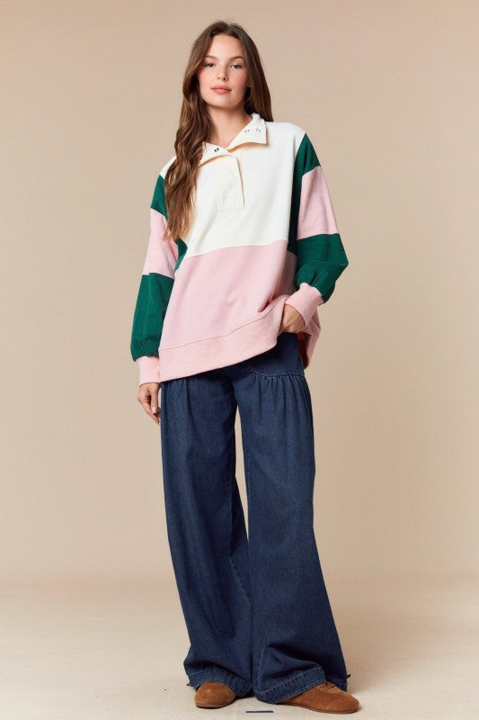 PEACH LOVE Women's Top Color Block Semi Pullover Anorak Sweatshirt Top