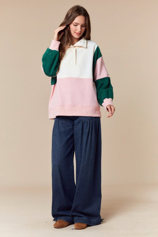 PEACH LOVE Women's Top Color Block Semi Pullover Anorak Sweatshirt Top