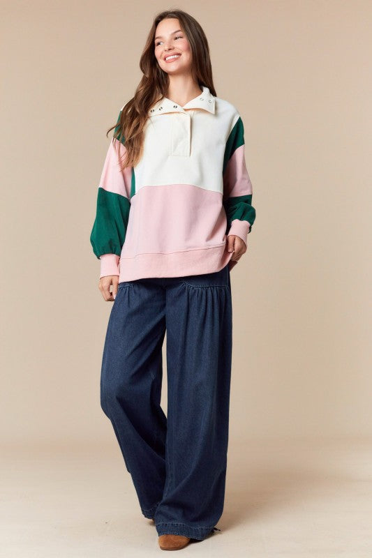 PEACH LOVE Women's Top Color Block Semi Pullover Anorak Sweatshirt Top