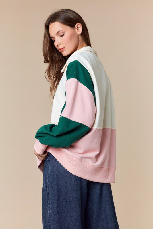 PEACH LOVE Women's Top Color Block Semi Pullover Anorak Sweatshirt Top