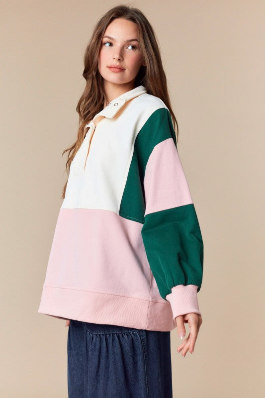 PEACH LOVE Women's Top Color Block Semi Pullover Anorak Sweatshirt Top
