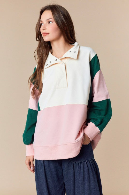 PEACH LOVE Women's Top Color Block Semi Pullover Anorak Sweatshirt Top