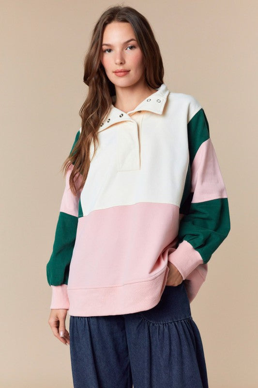 PEACH LOVE Women's Top Color Block Semi Pullover Anorak Sweatshirt Top