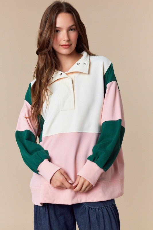 PEACH LOVE Women's Top Color Block Semi Pullover Anorak Sweatshirt Top