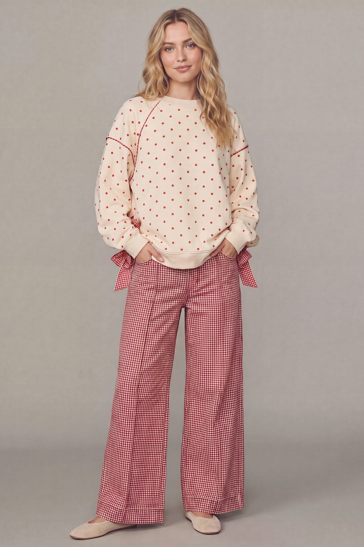 PEACH LOVE Women's Top Gingham Piping & Bow Tied Polka Dot Sweatshirt