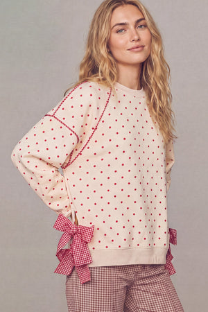 PEACH LOVE Women's Top Gingham Piping & Bow Tied Polka Dot Sweatshirt