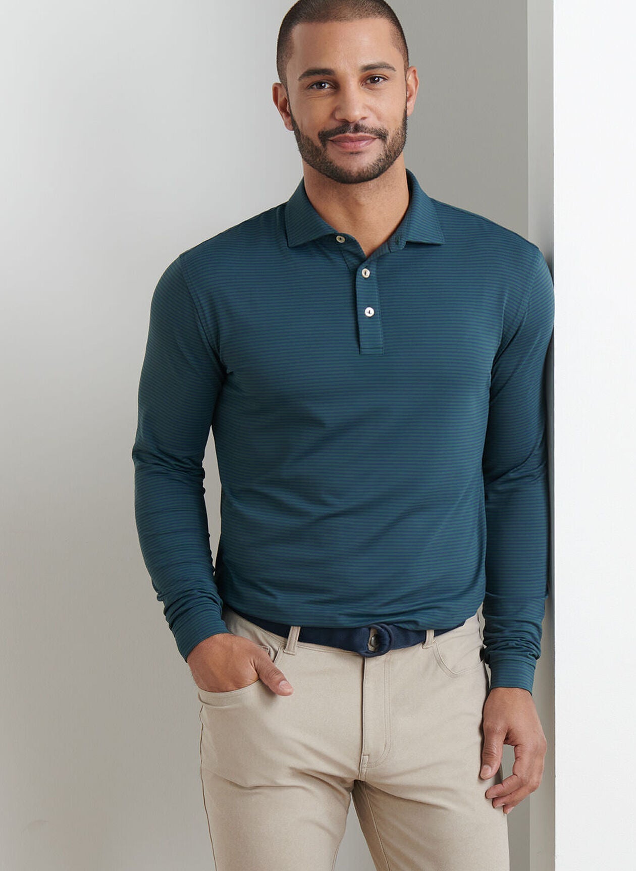 PETER MILLAR Men's Polo NORDIC PINE / S Peter Millar Lyons Stripe Performance Jersey Long-Sleeve Polo MF25EK81ELSNP