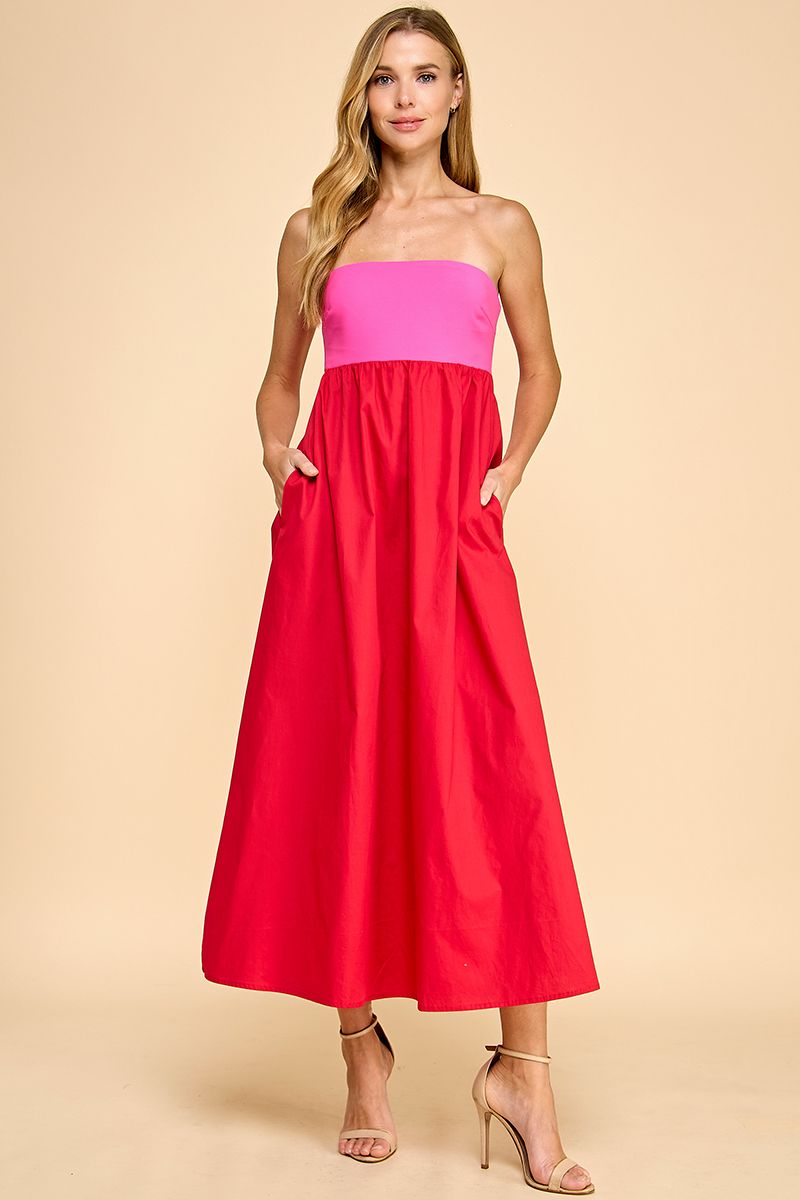 PRETTY FOLLIES Women's Dresses Strapless Empire Line Color Block Midi Dress || David's Clothing