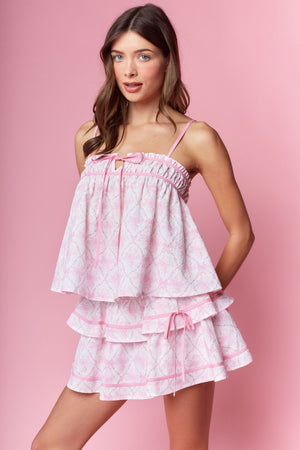 RARERAW Women's Skirts Bow Damask Ruffle Top & Skirts Set