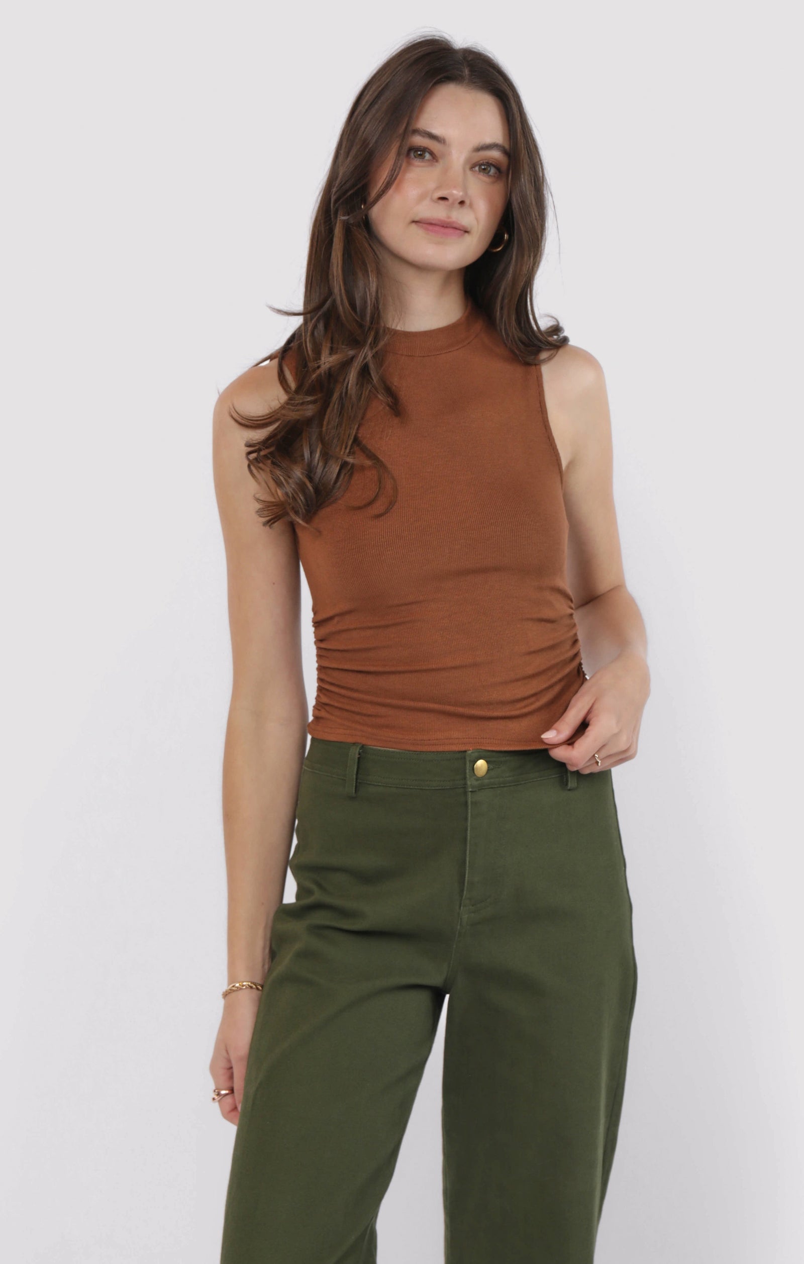 SADIE AND SAGE Women's Top BROWN / XS Sadie And Sage Ronan Mock Neck Ruched Knit Tank AH3202