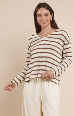 SADIE AND SAGE Women's Top Lingering Light Striped V Neck Long Sleeve Top