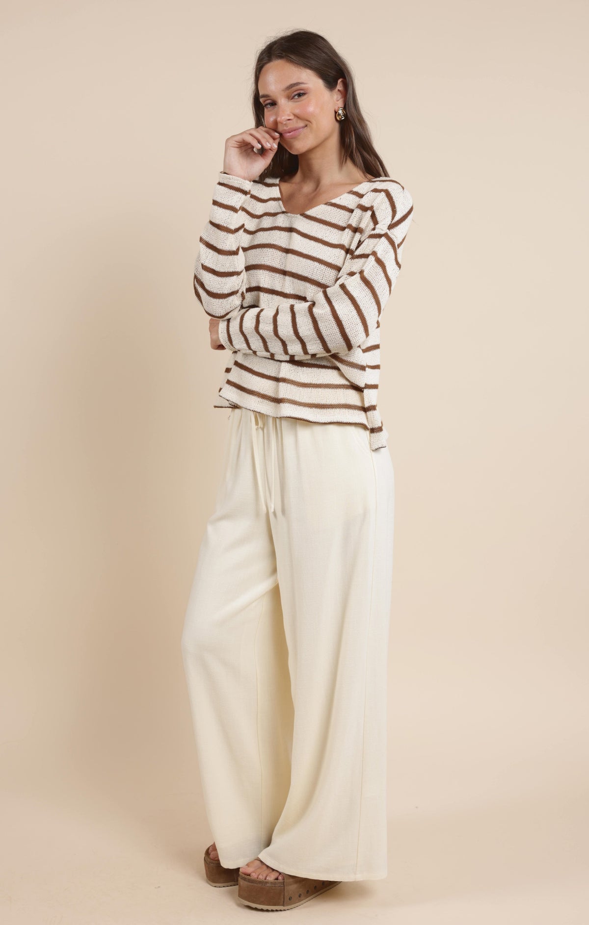 SADIE AND SAGE Women's Top Lingering Light Striped V Neck Long Sleeve Top