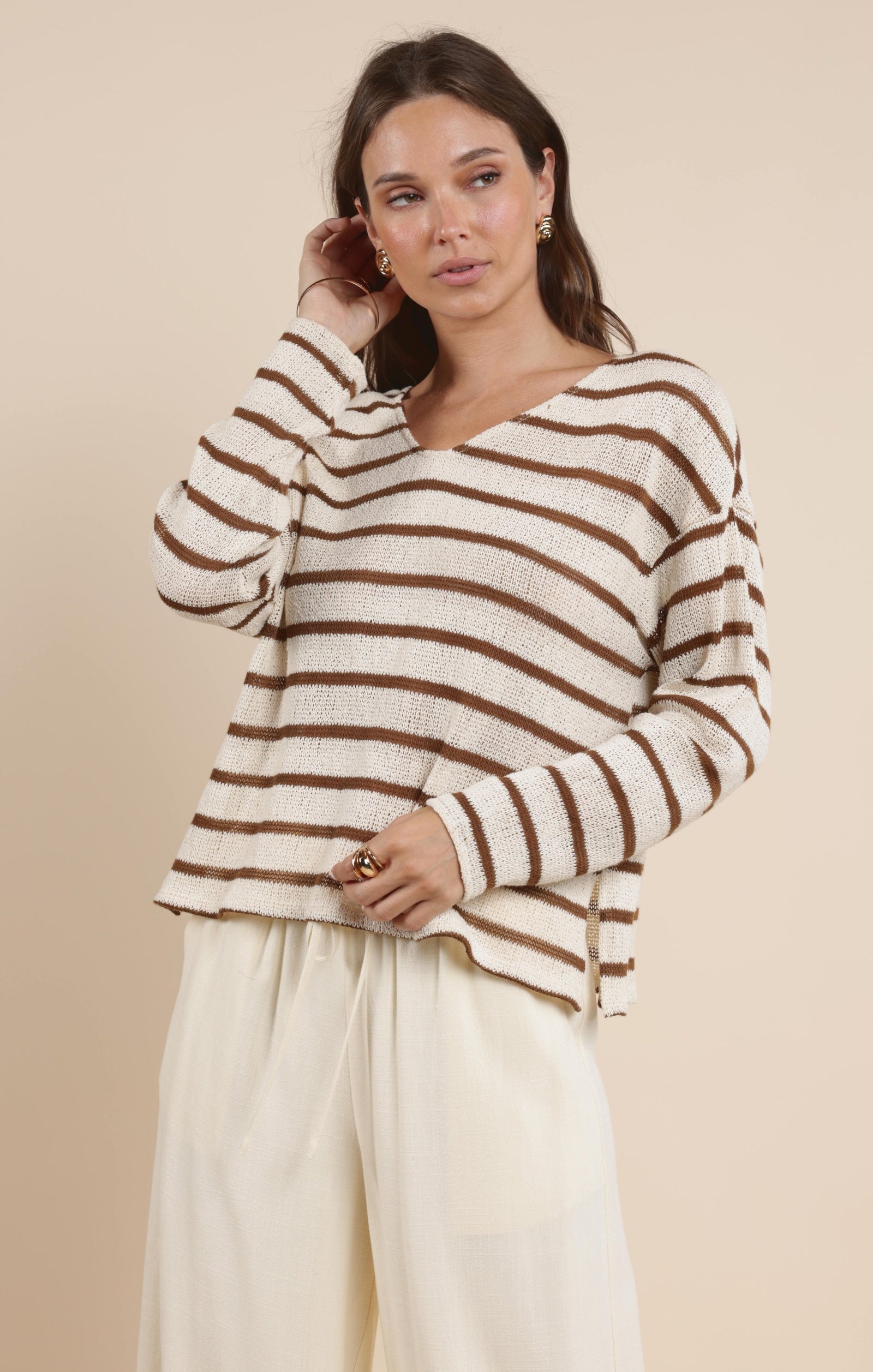 SADIE AND SAGE Women's Top Lingering Light Striped V Neck Long Sleeve Top