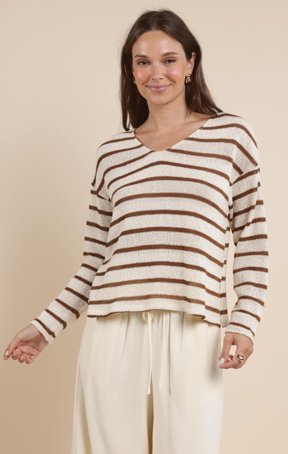 SADIE AND SAGE Women's Top Lingering Light Striped V Neck Long Sleeve Top