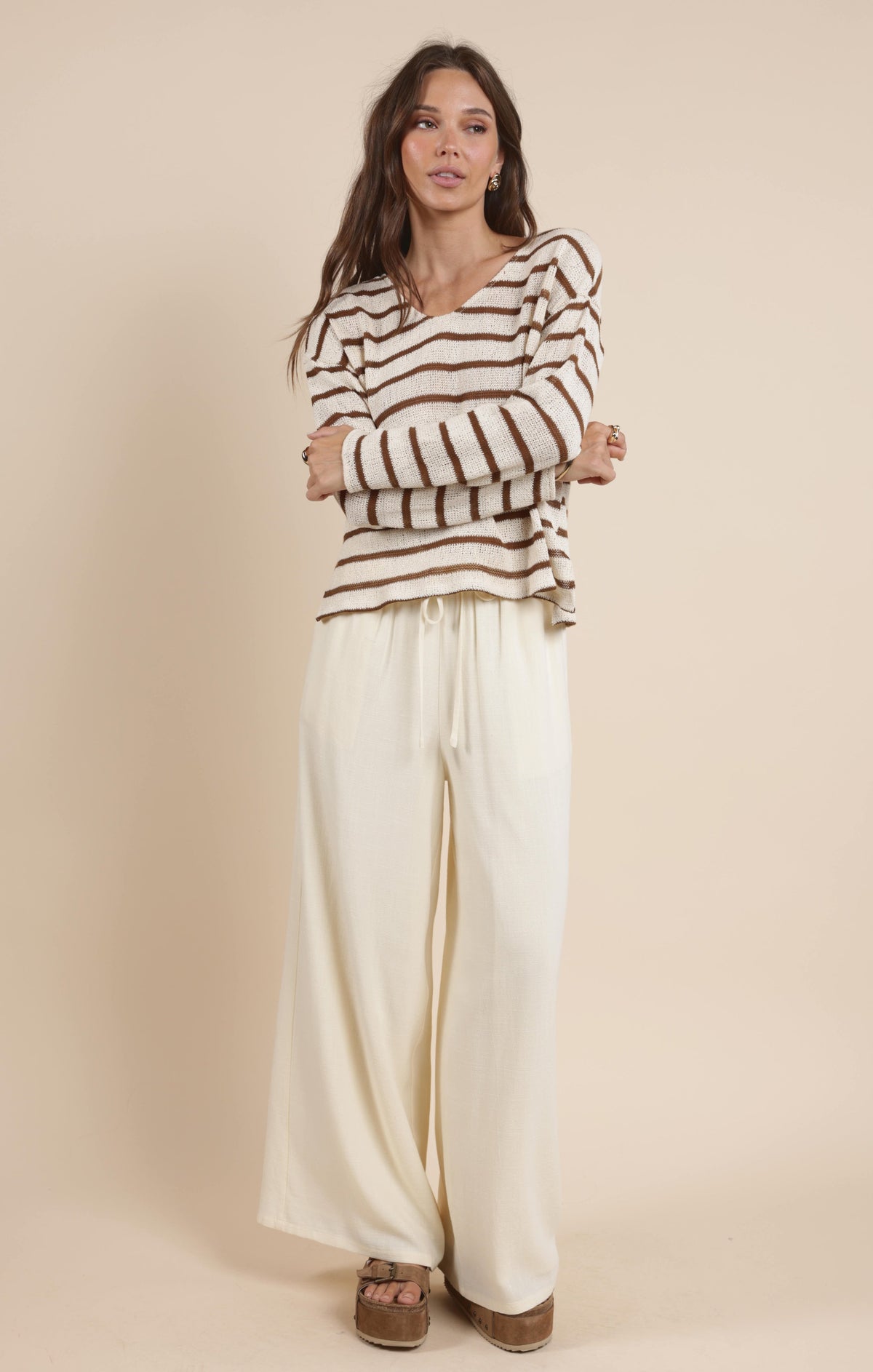 SADIE AND SAGE Women's Top Lingering Light Striped V Neck Long Sleeve Top