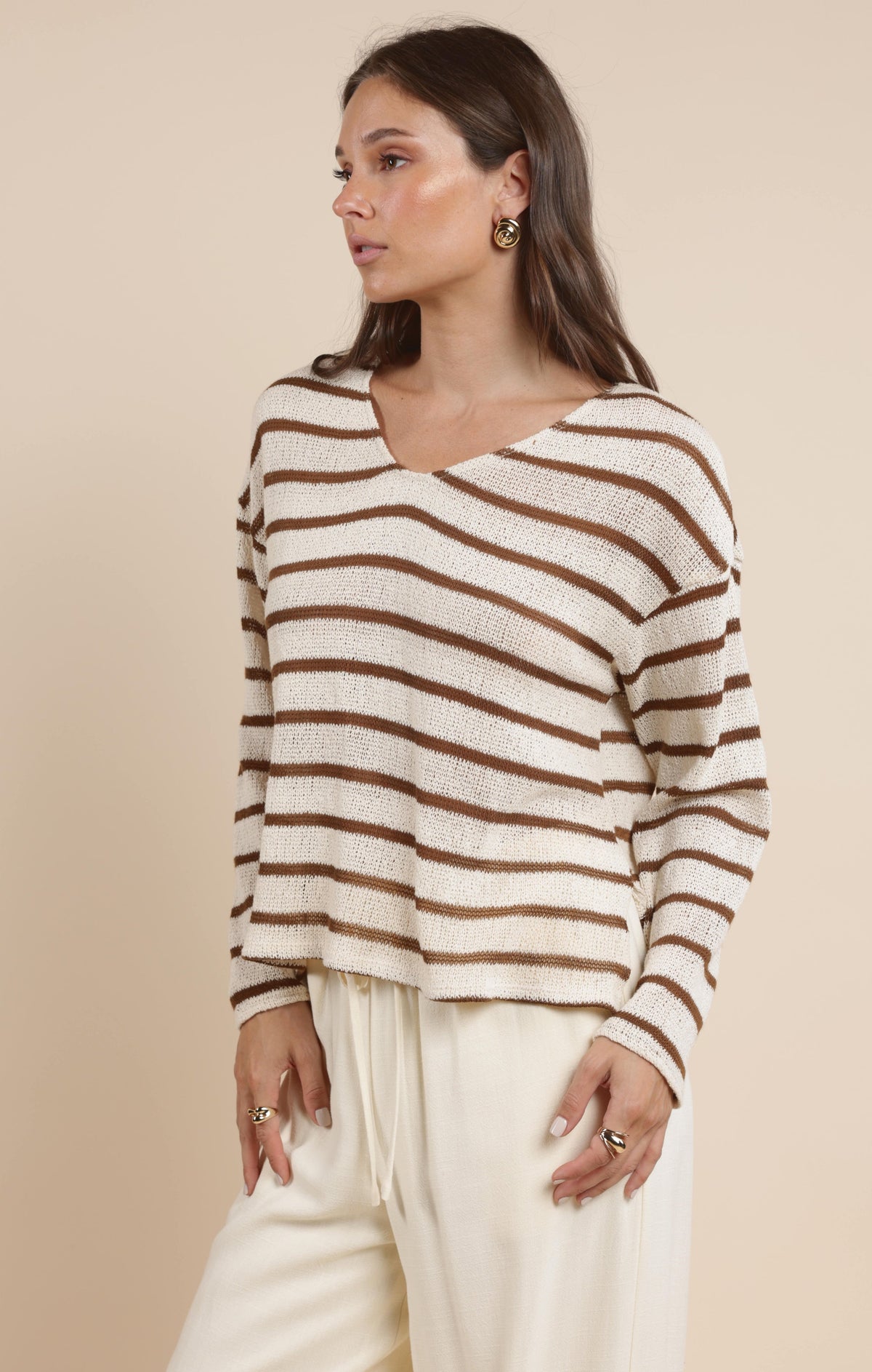 SADIE AND SAGE Women's Top Lingering Light Striped V Neck Long Sleeve Top