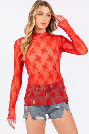SEWN + SEEN Women's Top RED / S Long Sleeve Floral Lace Top SNS1771