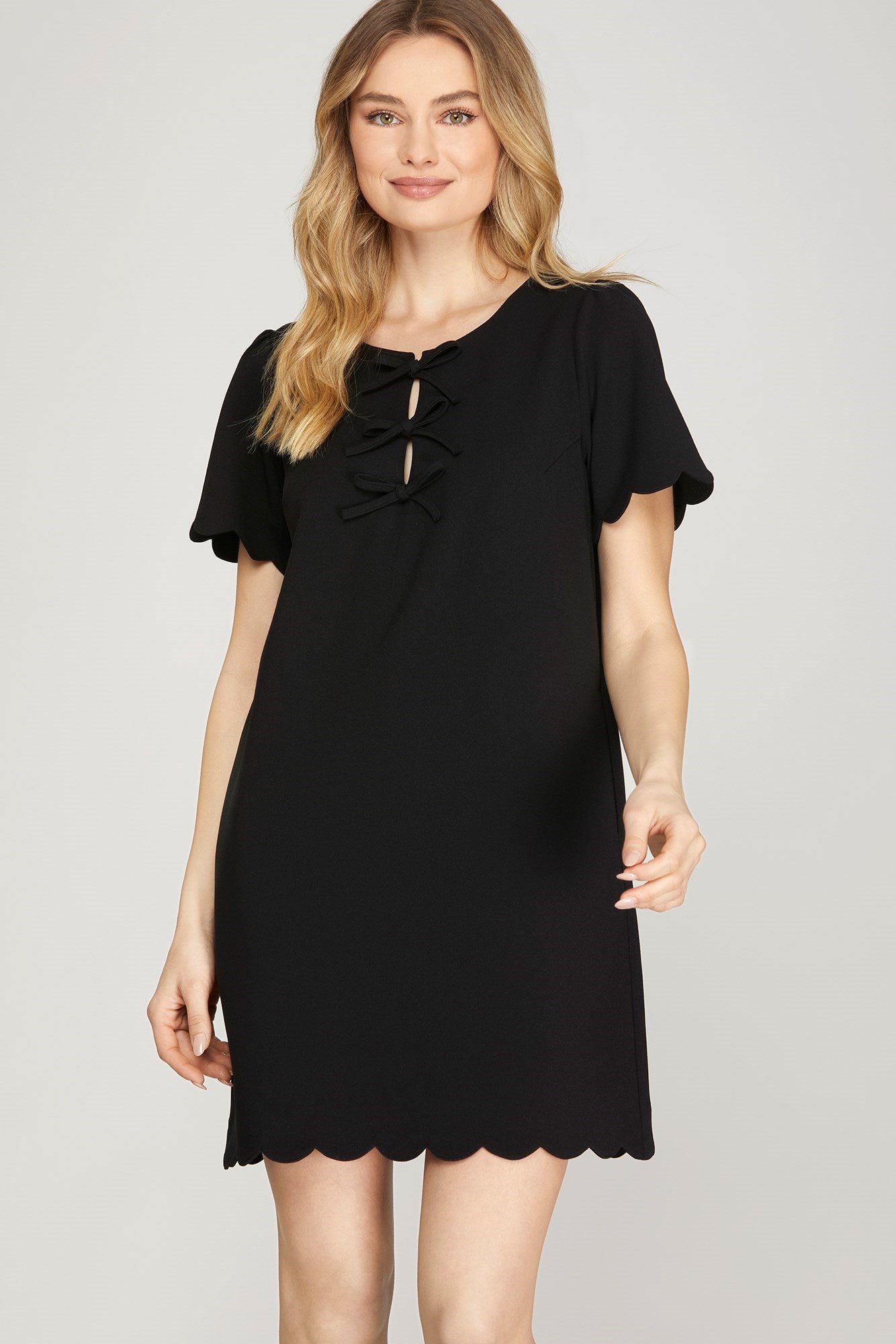 SHE AND SKY Women's Dresses Short Scallop Sleeve Front Bow Scallop Hem Mini Dress
