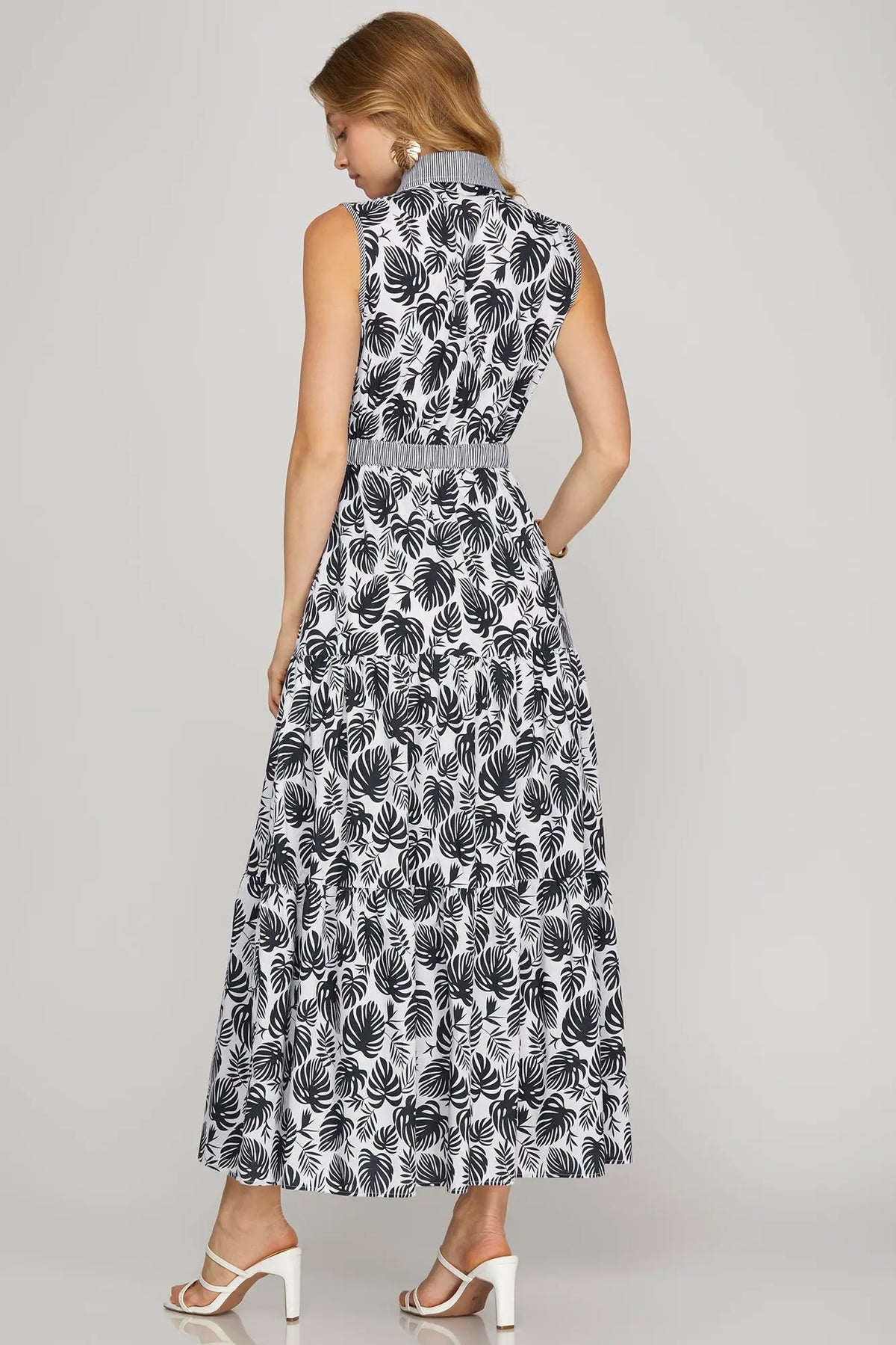 SHE AND SKY Women's Dresses Sleeveless Button Down Tropical Print Woven Maxi Shirt Dress With Contrast Detail And Pockets