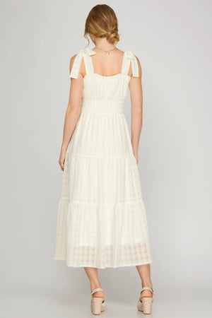 SHE AND SKY Women's Dresses Sleeveless Tie Strap Textured Woven Midi Tiered Dress With Pockets And Full Lining