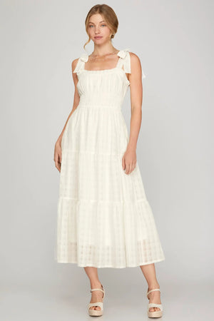 SHE AND SKY Women's Dresses Sleeveless Tie Strap Textured Woven Midi Tiered Dress With Pockets And Full Lining