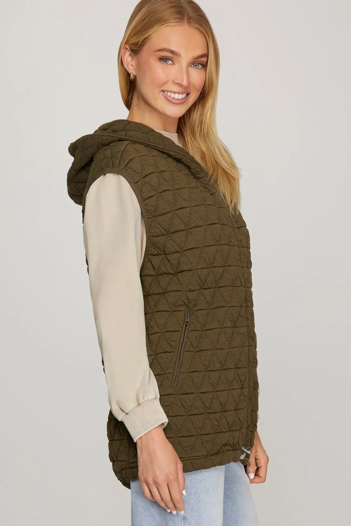 SHE AND SKY Women's Outerwear Zip Up Hooded Quilt Vest With Front Pocket And Drawstring Hem