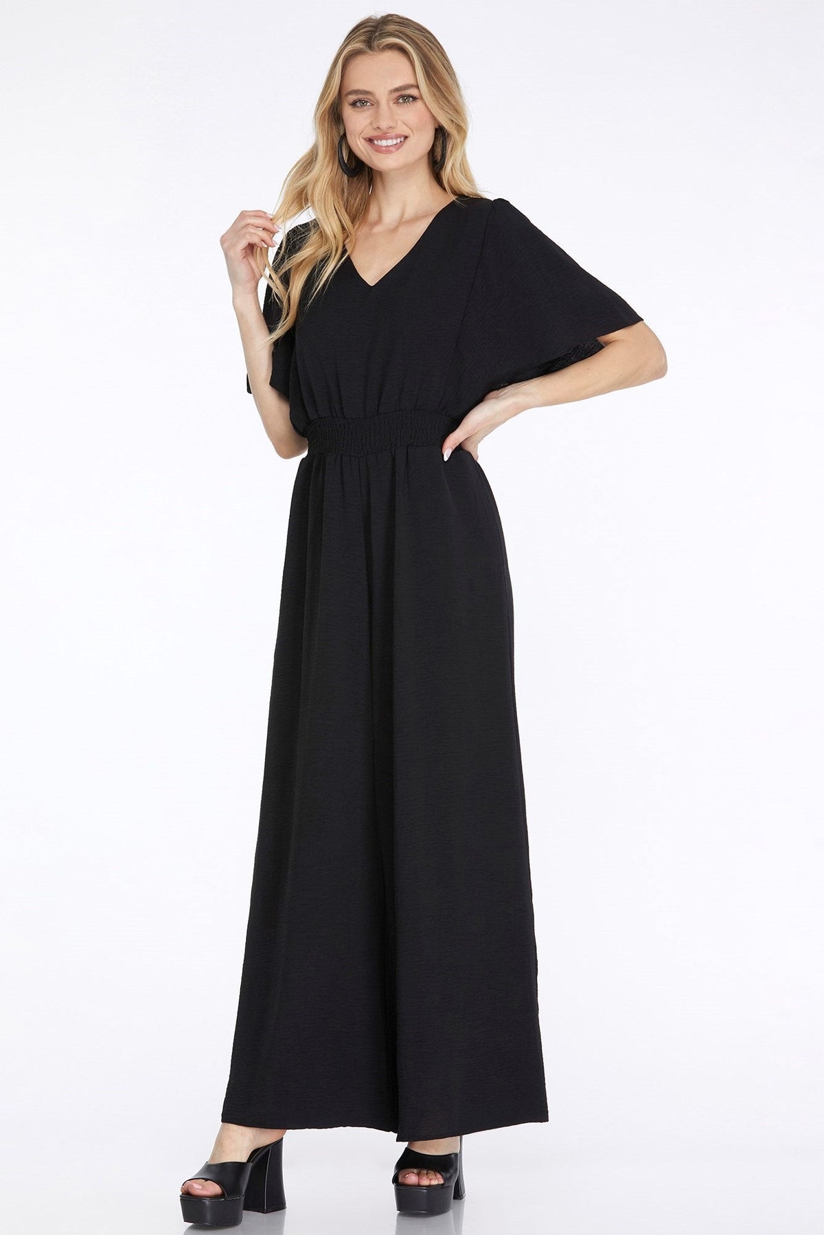 SHE AND SKY Women's Pants BLACK / S Flounce Sleeve Waist Smock Wide Leg Woven Jumpsuit || David's Clothing SY6389