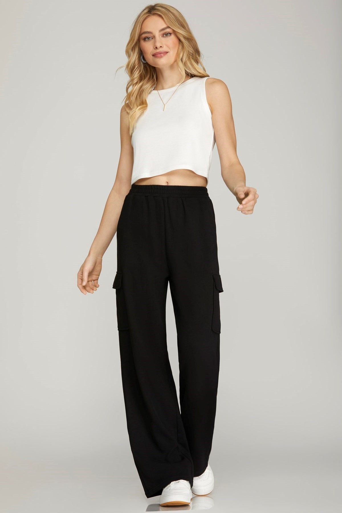 SHE AND SKY Women's Pants BLACK / S Knit Cargo Pants With Pockets And Waist Elastic || David's Clothing SY7277-P