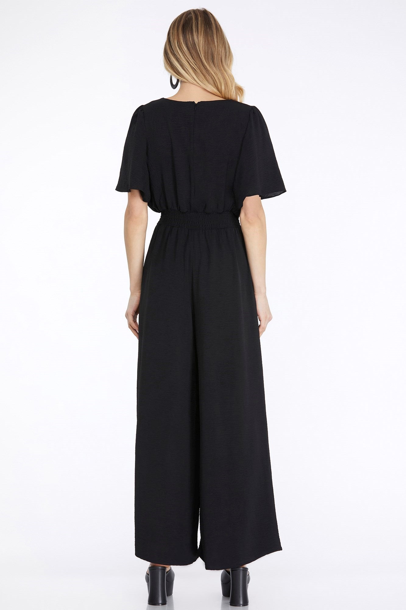 SHE AND SKY Women's Pants BLACK / S Flounce Sleeve Waist Smock Wide Leg Woven Jumpsuit || David's Clothing SY6389